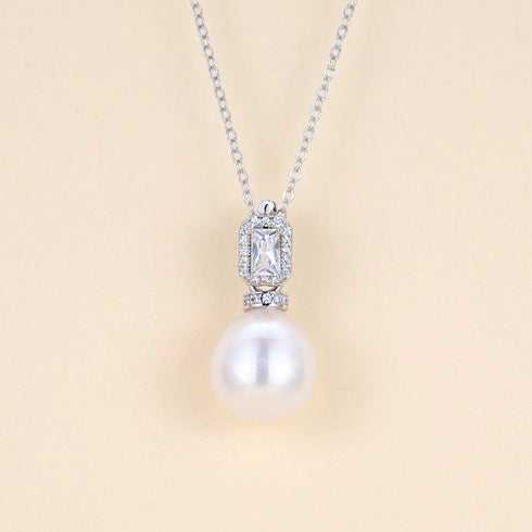 Rectangle Cubic Zirconia Pearl Pendant Necklace